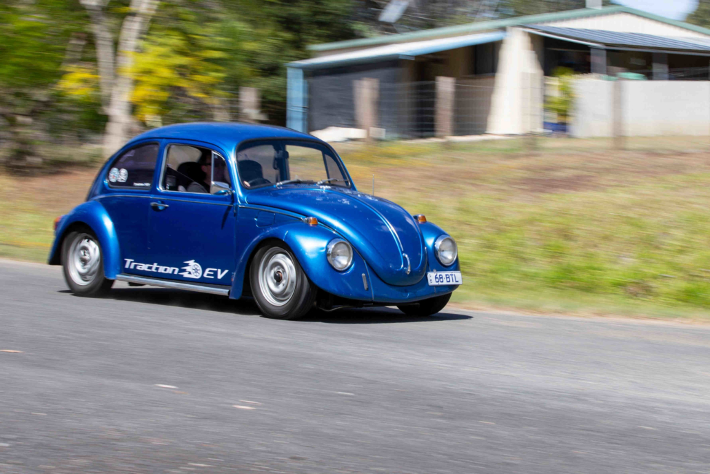 Traction EV's 1968 electric shop Beetle speeding by.