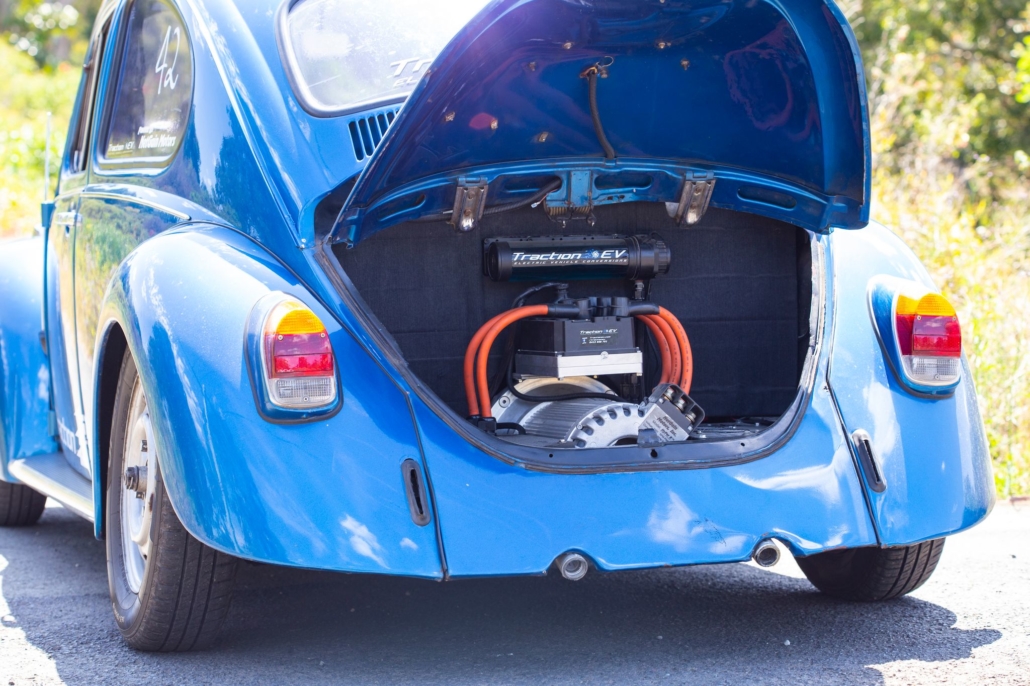 NetGain HyPer9 motor and speed controller in the engine bay of Traction EV's 1968 electric shop beetle.