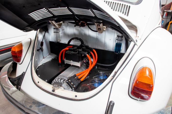 The NetGain HyPer9 motor and speed controller in the back of a 1971 Super Beetle.