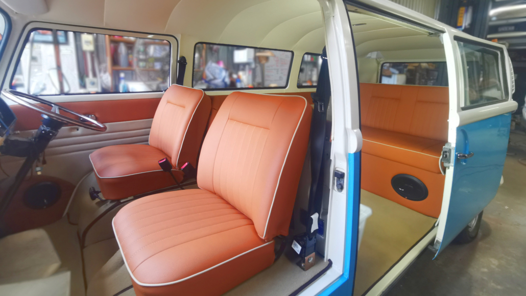 Brandnew interior in the 1973 Tesla Kombi.