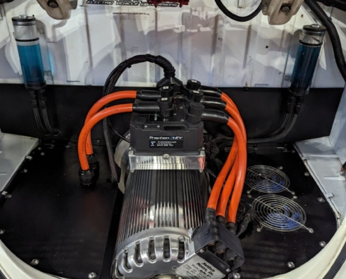 The NetGain HyPer9 motor and speed controller in the back of a 1971 Super Beetle.