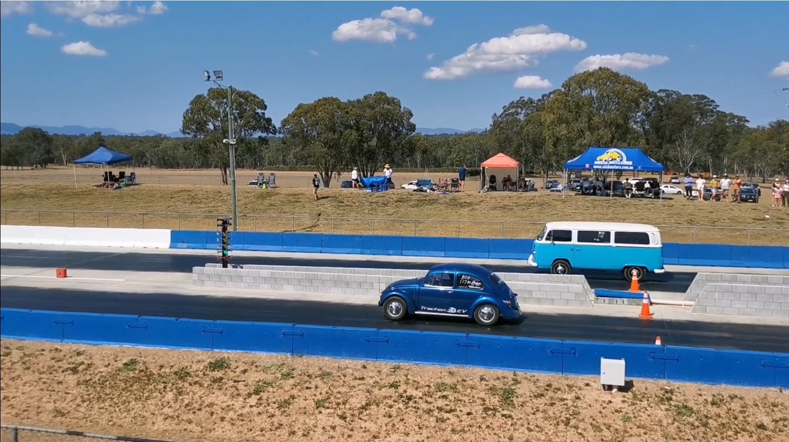 EV Beetle and Tesla Kombi on the Warwick drag strip in 2023